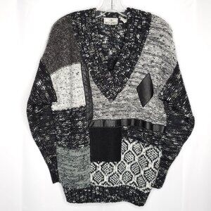 Vintage 80s Womens Color Block Geometric Sweater S Black White Gray Retro V Neck